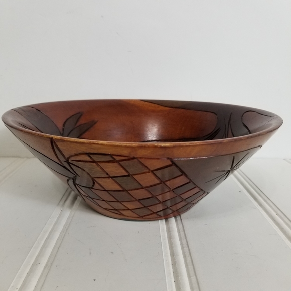 Hand Carved Wood Bowl Pineapple Engraved Fruit Bowl Cottage Country Farmhouse - Picture 5 of 16